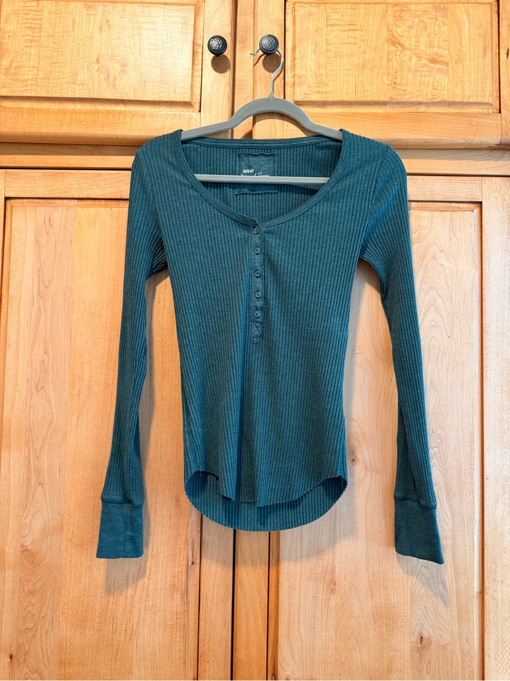 aerie Ribbed Henley Long-Sleeve Top in Teal Green